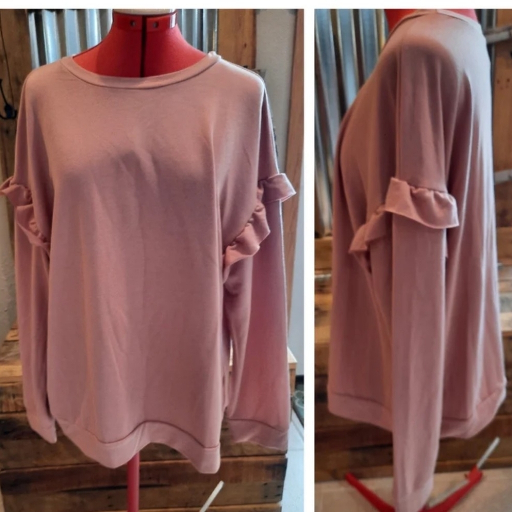 Mauve Girly Sweatshirt XL Knit Top Ruffle Sleeve Hippie Chic